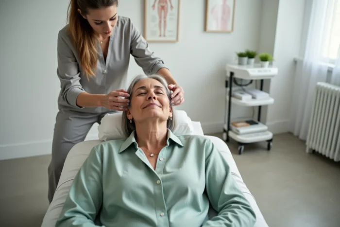 Séance de biofeedback dans un cabinet de thérapie alliant médecine conventionnelle et approches alternatives, science et santé mentale