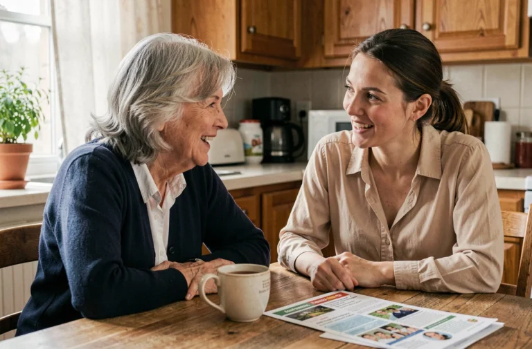 Une femme senior discutant avec une assistante sociale autour d'une table en bois avec des brochures d'information pour les personnes âgées