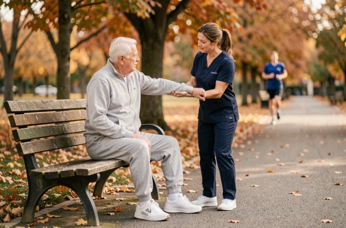 Kinésithérapeute aidant un senior à faire des exercices d'équilibre en plein air