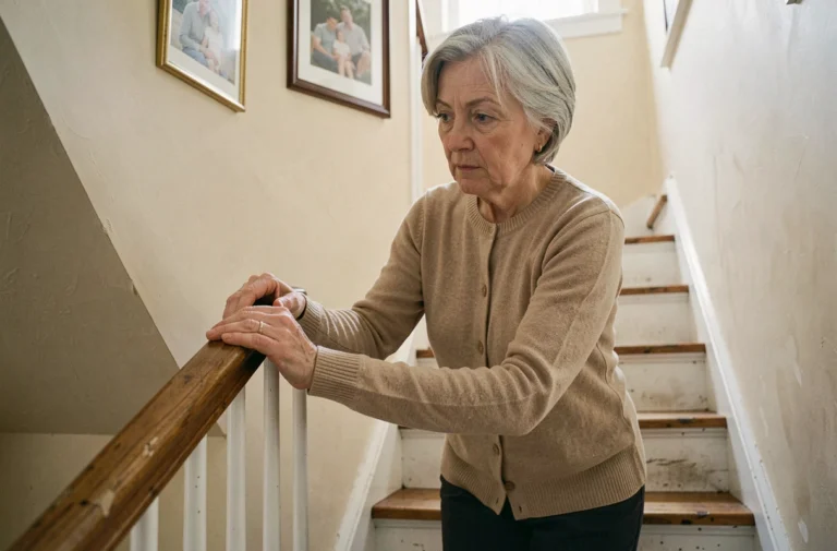 Senior femme tenant une rampe d'escalier pour prévenir les chutes à domicile
