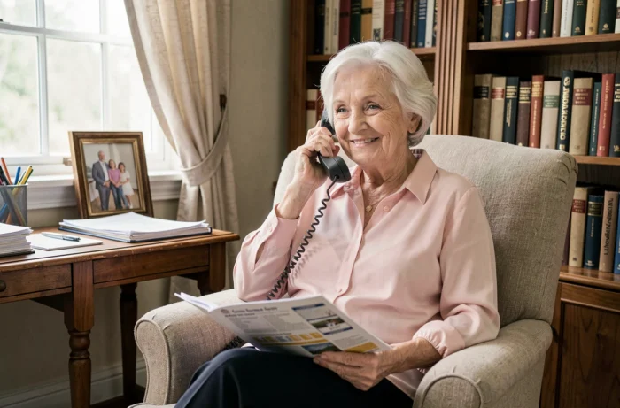 Une femme âgée téléphonant pour accéder aux services d'information et d'accompagnement dédiés aux seniors à domicile