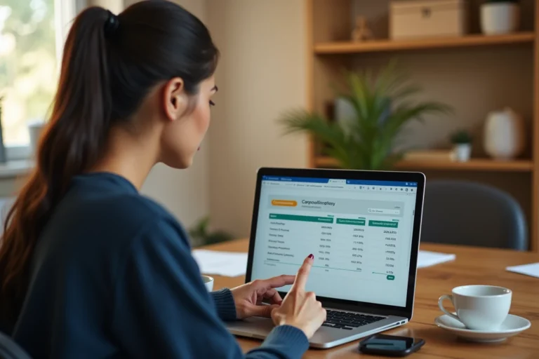 Femme calculant les frais de covoiturage sur un ordinateur portable dans un bureau à domicile