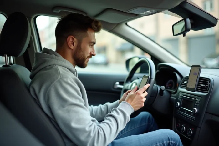 Homme simulant le calcul des frais de covoiturage sur smartphone dans une voiture garée