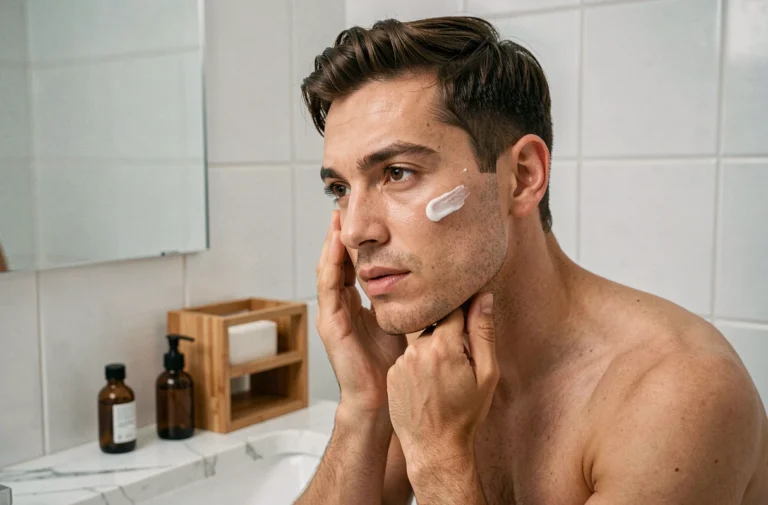 Homme dans la trentaine appliquant une crème hydratante visage devant un miroir de salle de bain minimaliste avec des produits de soin soigneusement rangés