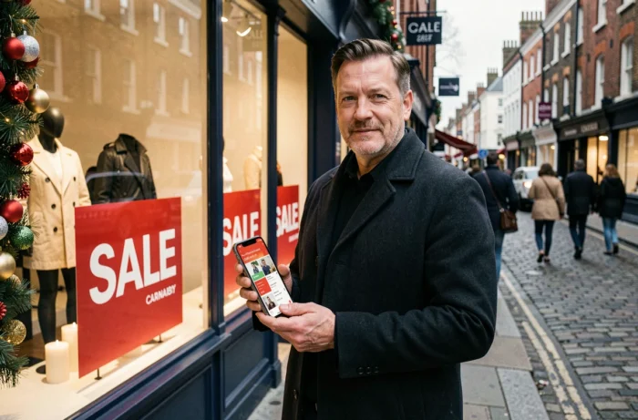 Homme consultant une application de soldes sur son téléphone devant une boutique de Carnaby Street à Londres