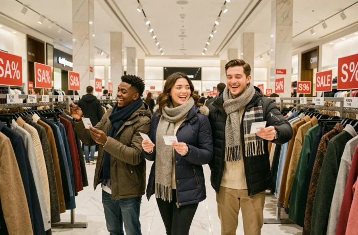 Groupe d'amis faisant les soldes dans un grand magasin londonien avec des affiches de réductions en rouge