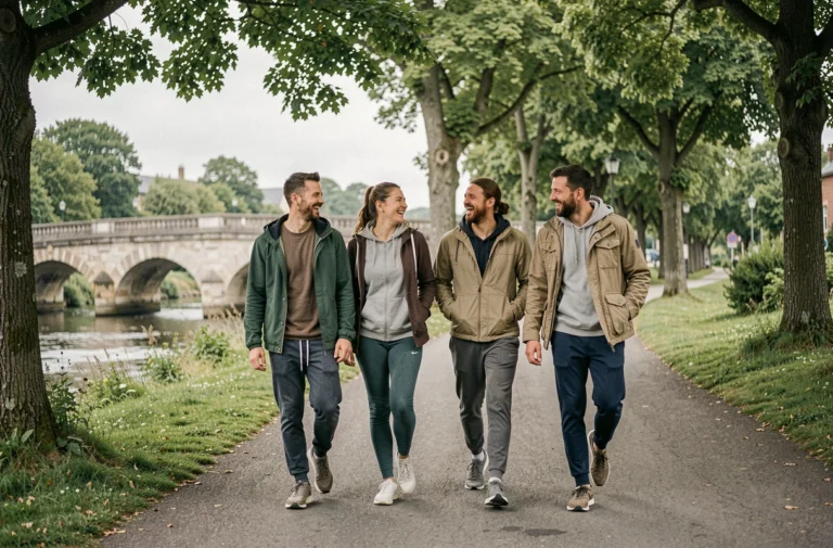 Groupe d'amis marchant ensemble sur un chemin en bord de rivière près de Cholet pour une sortie en plein air conviviale