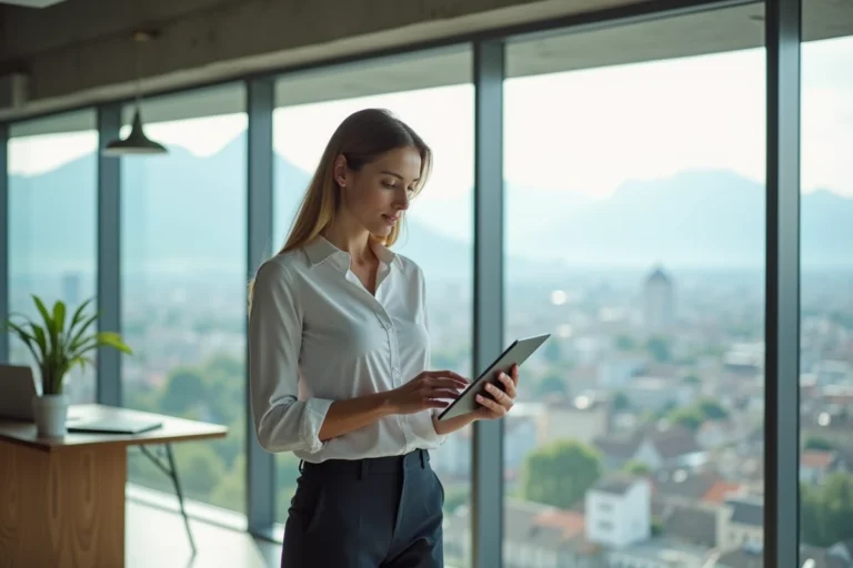 Jeune femme entrepreneur dans un bureau de startup moderne à Zurich avec vue sur la ville suisse