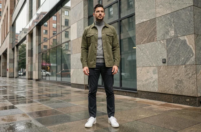 Homme stylé en tenue urbaine superposée avec overshirt kaki et sneakers blanches sur un trottoir mouillé en ville, tendances hommes 2024
