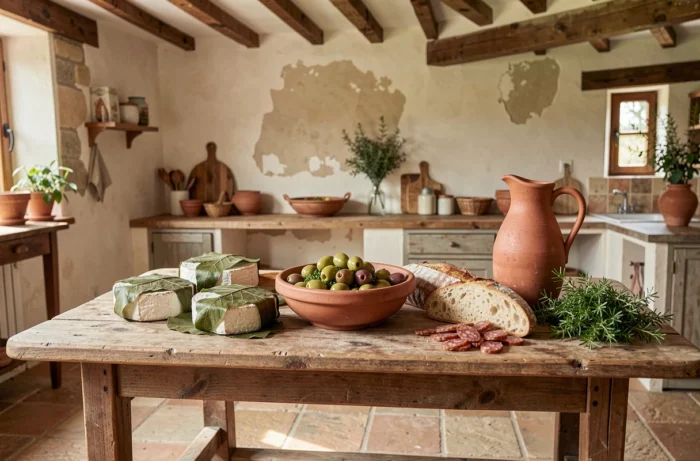 Table de ferme traditionnelle dressée avec des fromages, charcuteries et produits artisanaux du sud de la France