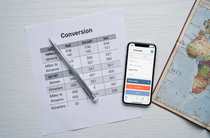 Vue aérienne d'un tableau de conversion miles-kilomètres, smartphone et atlas sur une table blanche