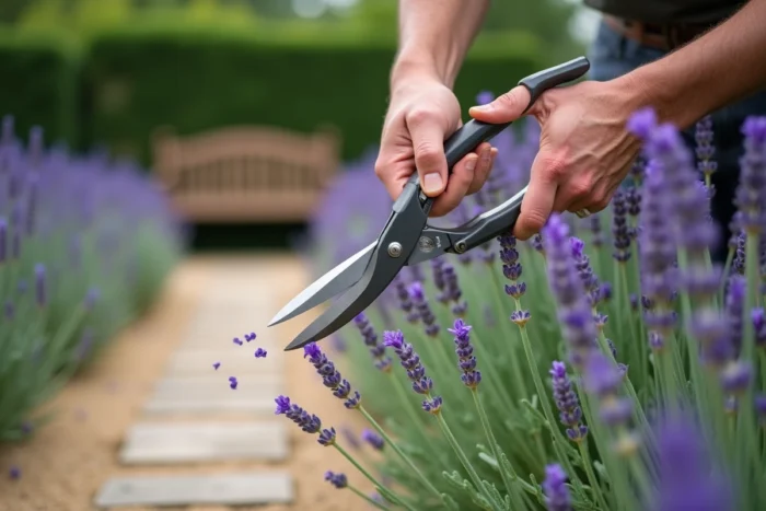 Gros plan de mains qui taillent des tiges de lavande avec un sécateur dans un jardin à la française