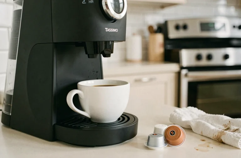 Machine à café Tassimo versant un petit café dans une tasse blanche sur un comptoir de cuisine moderne