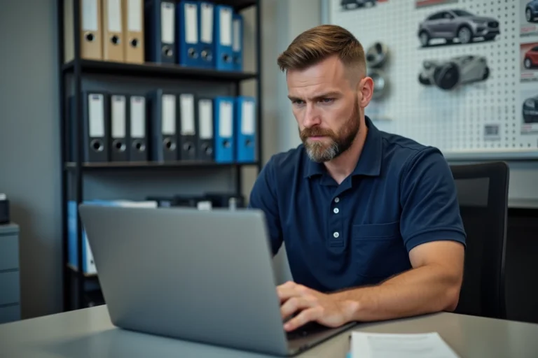 Technicien automobile tentant de se reconnecter à Dialogys Renault sur un ordinateur portable dans un bureau de concession