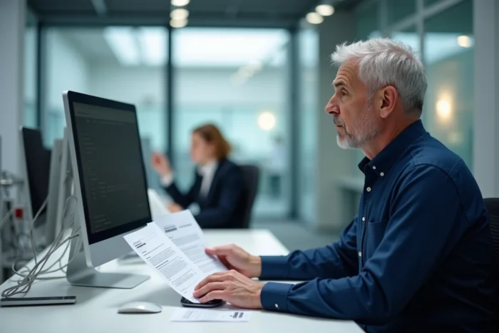 Homme téléchargeant des documents de retraite sur un portail en ligne Agirc-Arrco depuis son bureau professionnel