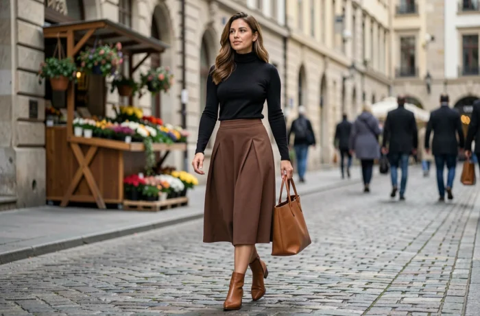Femme tendance en jupe midi marron et bottines en cuir marchant sur un pavé dans une rue commerçante européenne