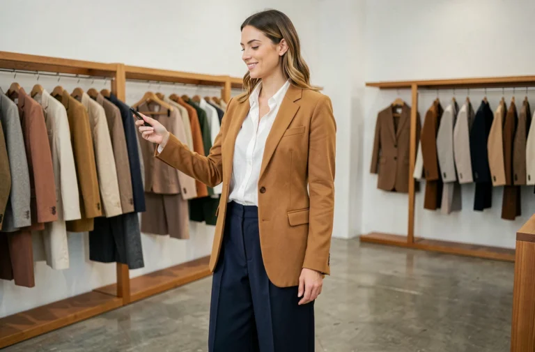 Femme élégante dans une boutique minimaliste portant un blazer camel et un pantalon large marine, symbolisant les tendances mode 2024