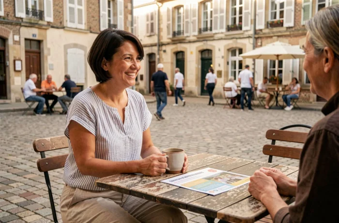 Femme souriante attablée en terrasse de café dans une place de village proche de Cholet lors d'une rencontre conviviale