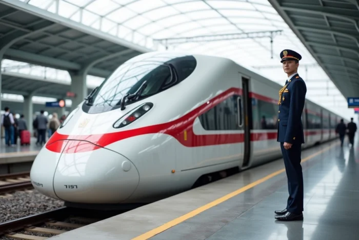 Train à grande vitesse chinois Fuxing CR400AF en gare de Shanghai avec un conducteur en uniforme sur le quai