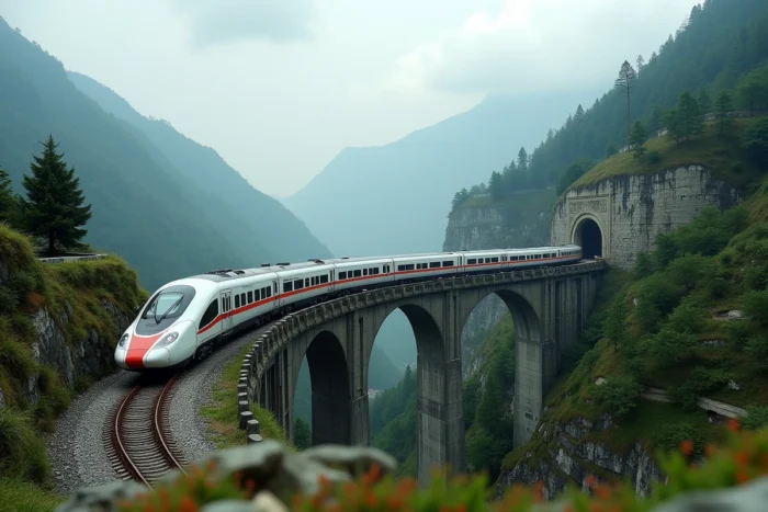 Train à grande vitesse Fuxing traversant un viaduc dans un paysage montagneux en Chine
