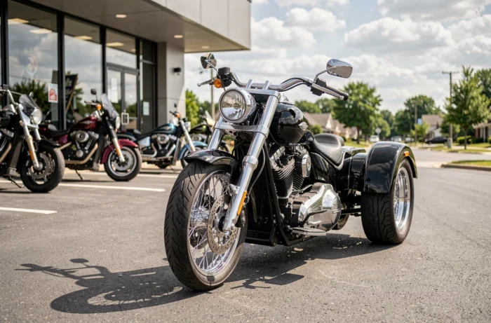 Trike custom trois roues garé devant une concession moto, montrant la conversion arrière double roue en détail