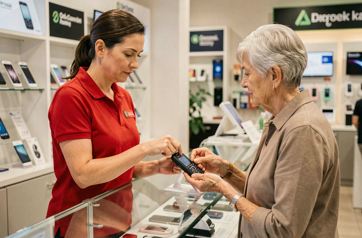 Vendeuse aidant une personne âgée à insérer une carte SIM dans un téléphone Doro en boutique mobile
