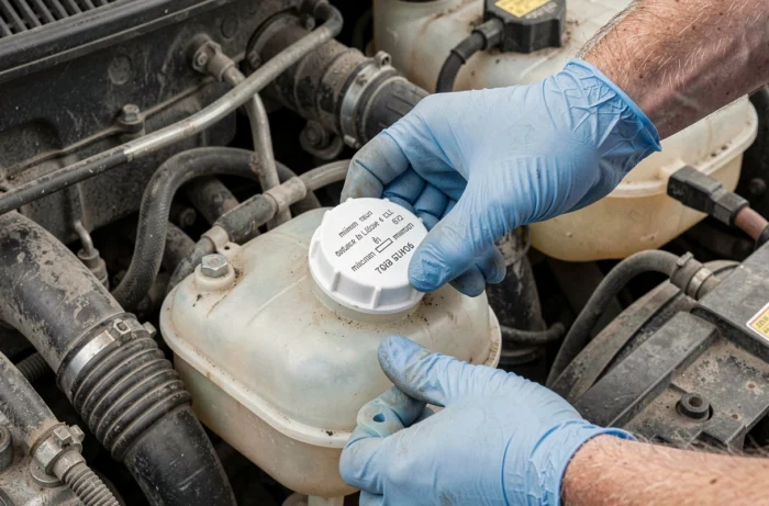 Gros plan sur le bouchon du vase d'expansion du liquide de refroidissement d'une Clio 3 avec des gants de protection