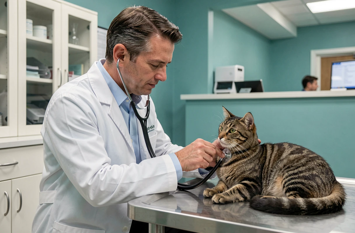 Vétérinaire examinant un chat tigré avec un stéthoscope dans une clinique vétérinaire professionnelle