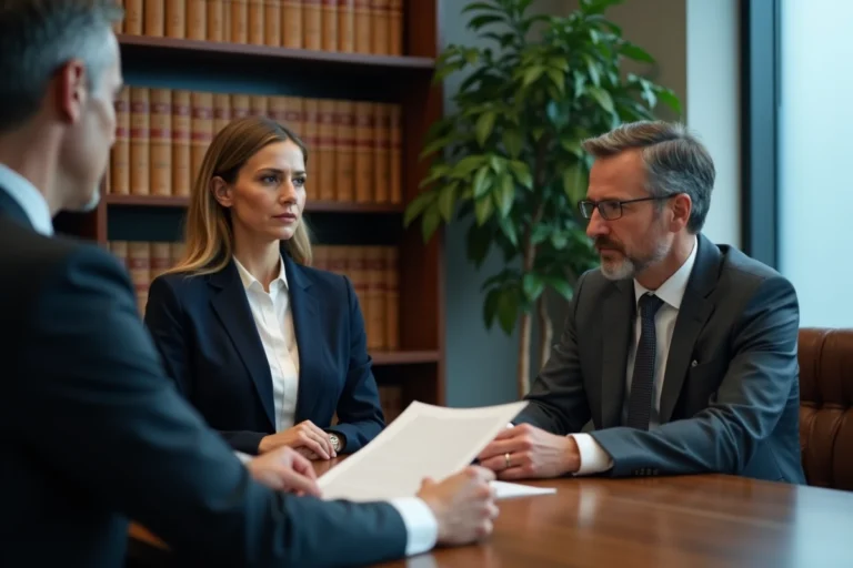 Femme victime d'une mesure d'éloignement non respectée consultant un avocat dans un cabinet juridique professionnel