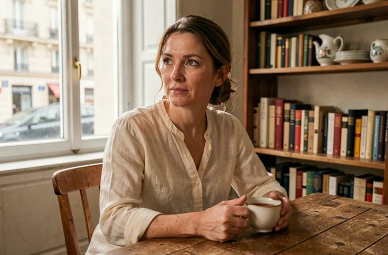 Femme française dans un appartement parisien chaleureux tenant une tasse de thé, ambiance vie privée et intimité familiale