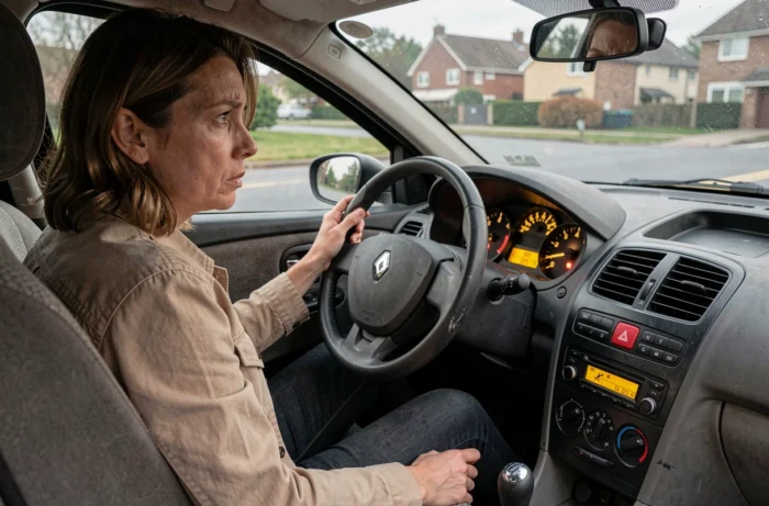 Conductrice observant le voyant goutte bassine allumé sur le tableau de bord d'une Renault Clio 3