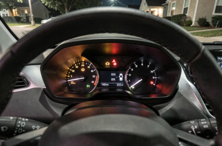Voyants du tableau de bord d'une Peugeot 208 allumés la nuit, montrant des indicateurs d'alerte moteur et de pression des pneus