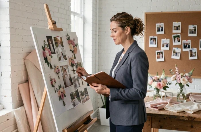 Wedding planner professionnelle consultant un tableau d'inspiration floral dans un atelier de design de mariage lumineux et minimaliste